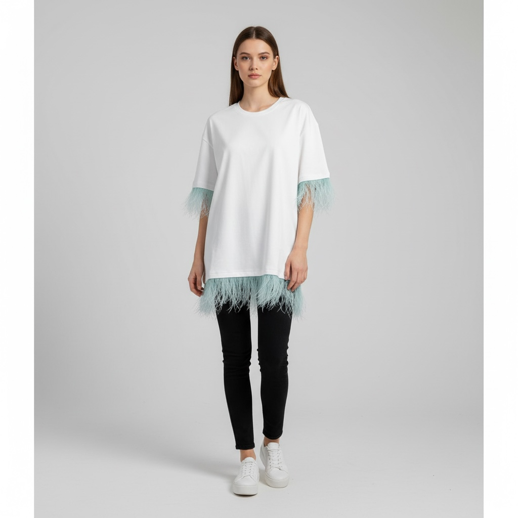 Oversize Off White Feathers T Shirt