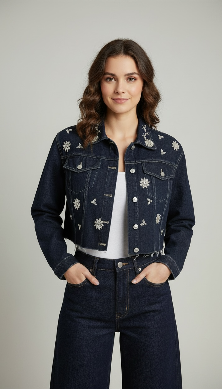 Denim Cropped Diamonds Oversize Jacket