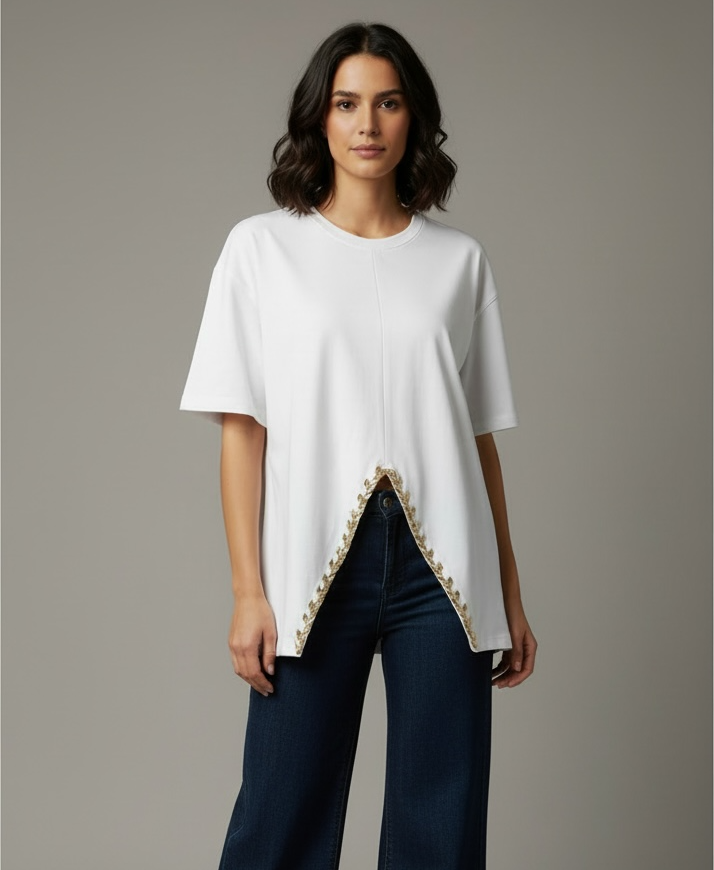 V Cut Oversize Diamonds Off-White T Shirt