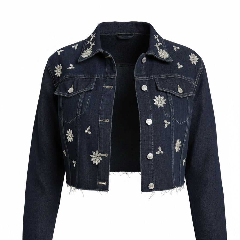 Denim Cropped Diamonds Oversize Jacket