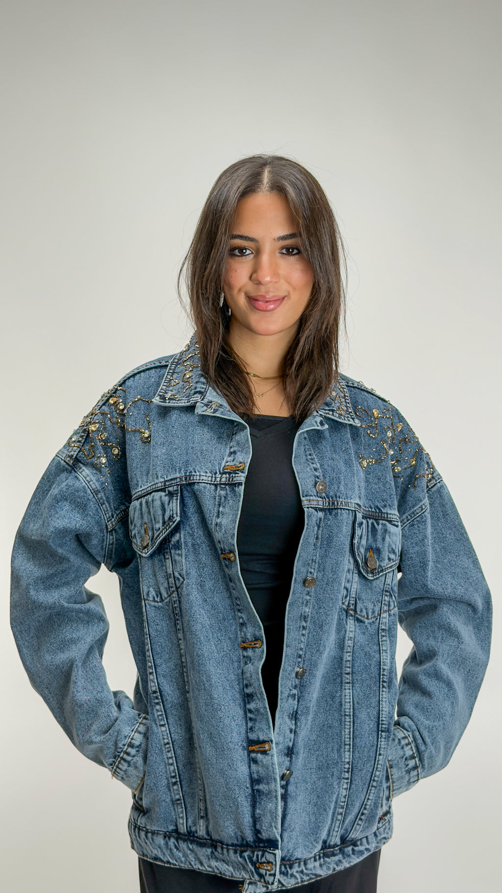 Embroidered Gold Denim Jacket Oversize