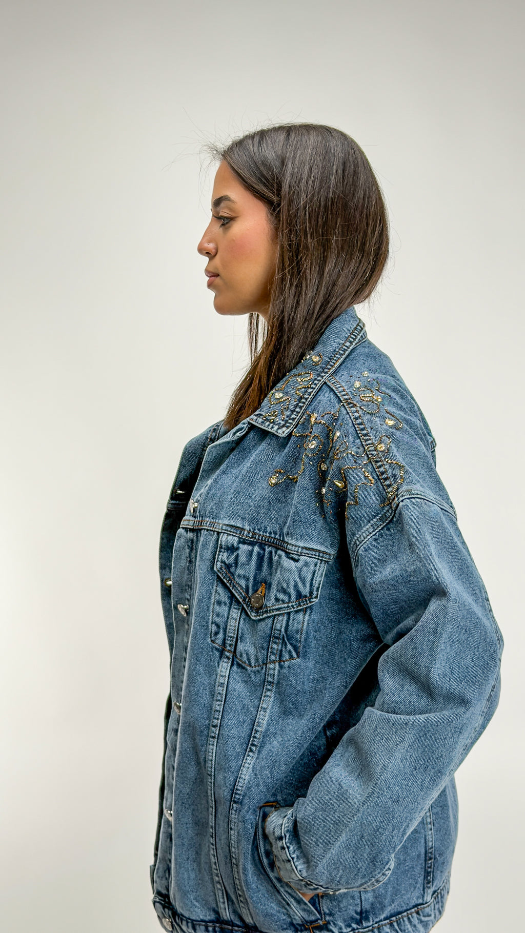 Embroidered Gold Denim Jacket Oversize