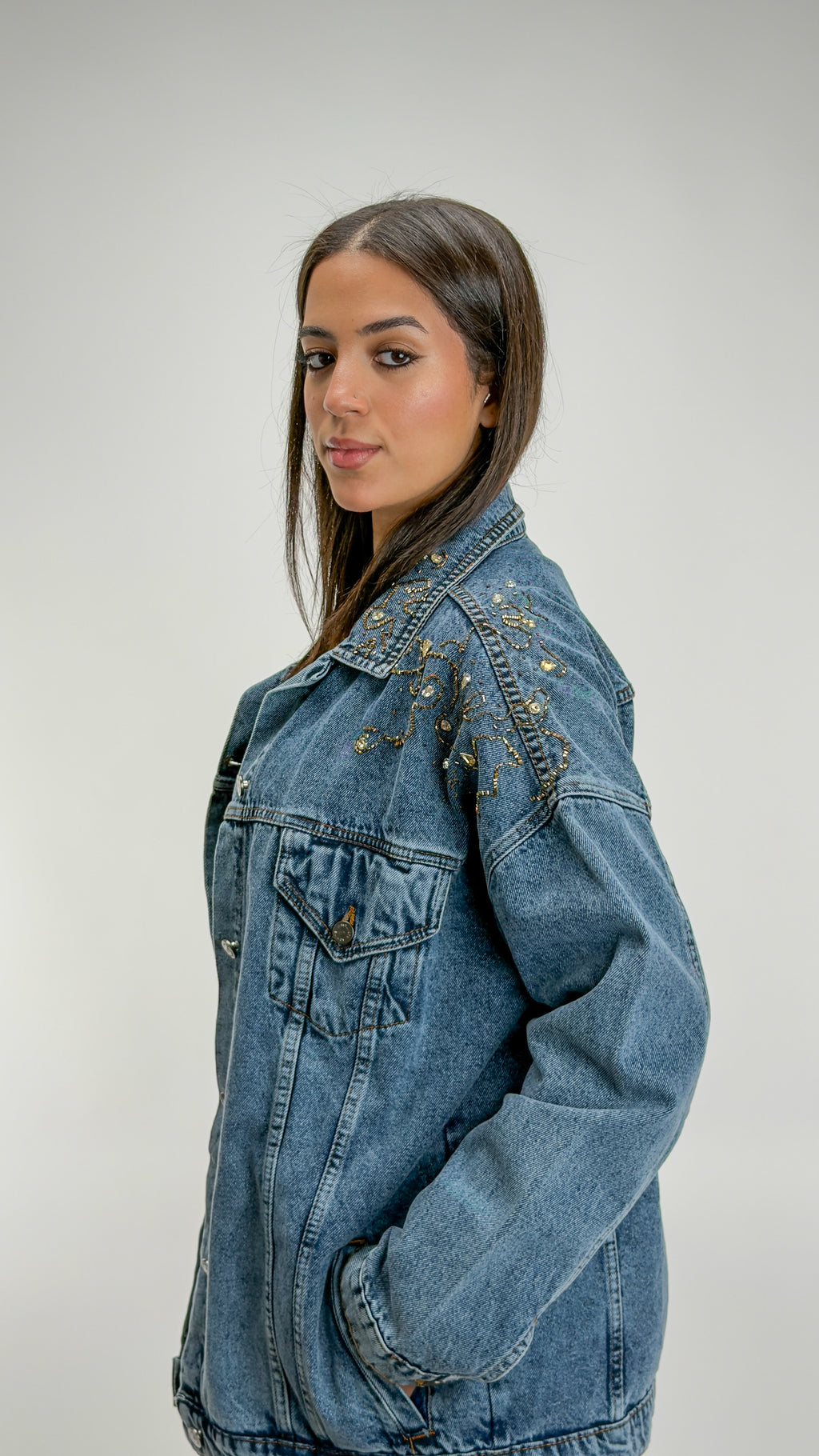 Embroidered Gold Denim Jacket Oversize