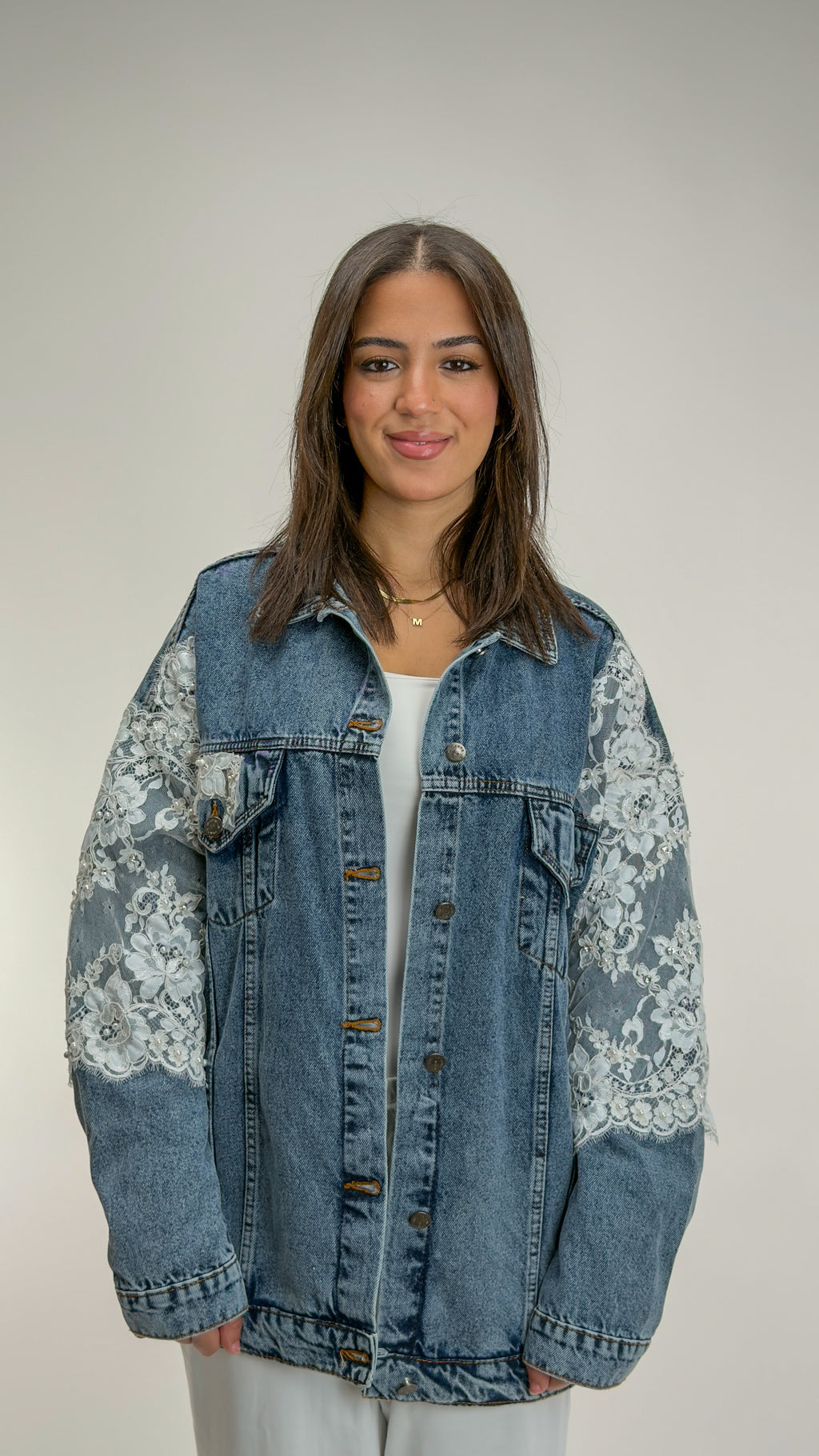 Embroidered Pearl Lace Denim Jacket Oversize