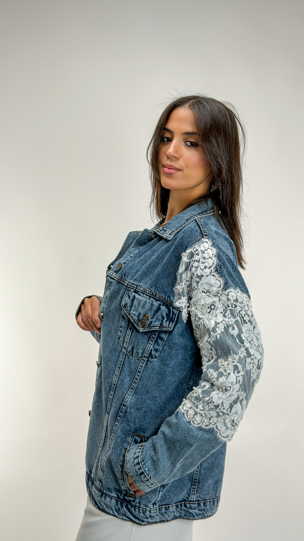 Embroidered Pearl Lace Denim Jacket Oversize