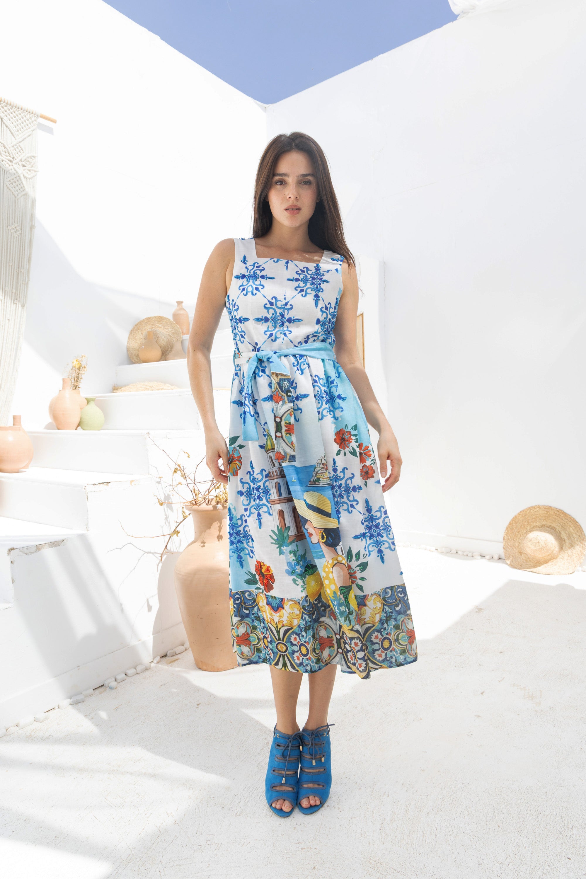 Amalfi Lemon Breeze Lenin Embroidered Dress