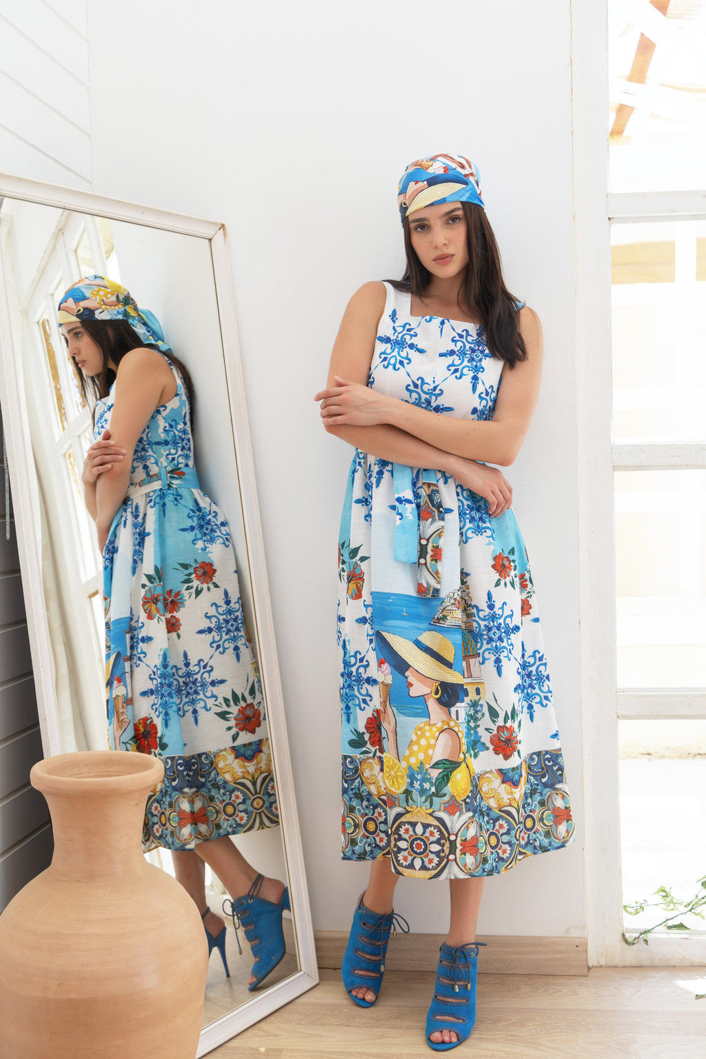 Amalfi Lemon Breeze Lenin Embroidered Dress