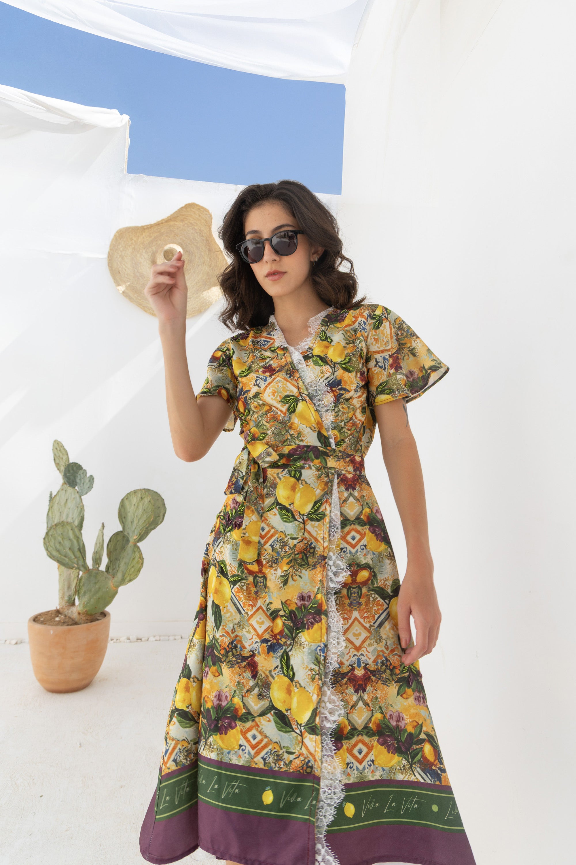 Golden Lemon Elegance Embroidered Dress