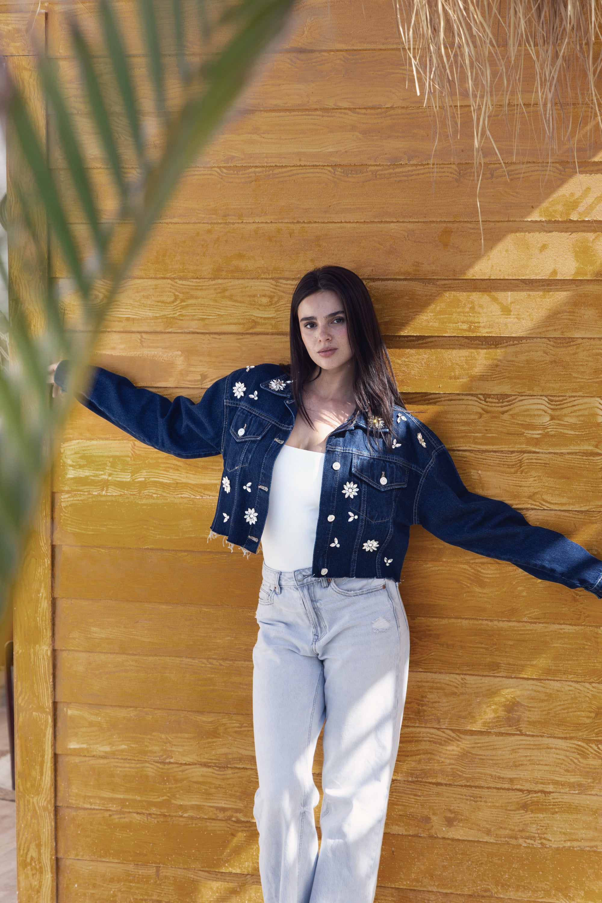 Denim Cropped Diamonds Oversize Jacket