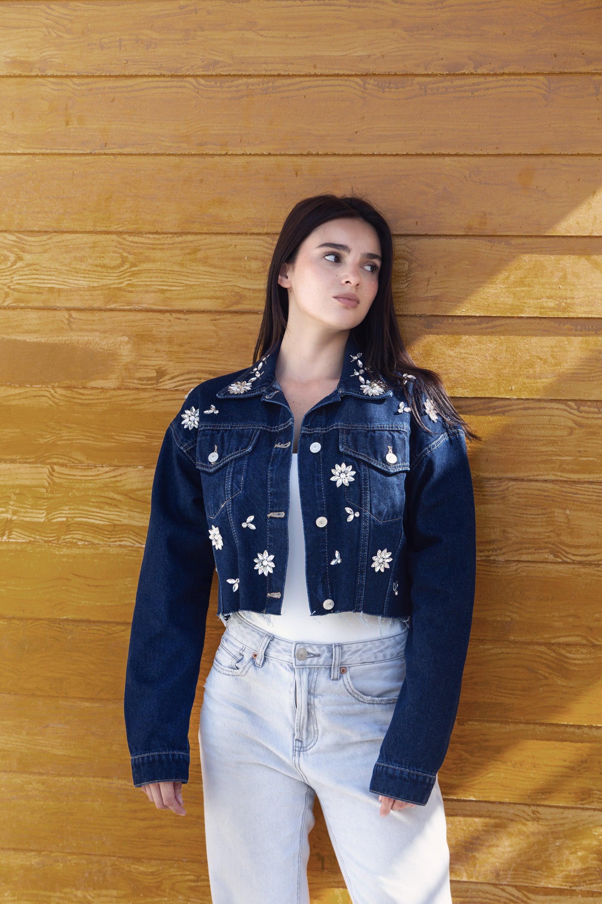 Denim Cropped Diamonds Oversize Jacket