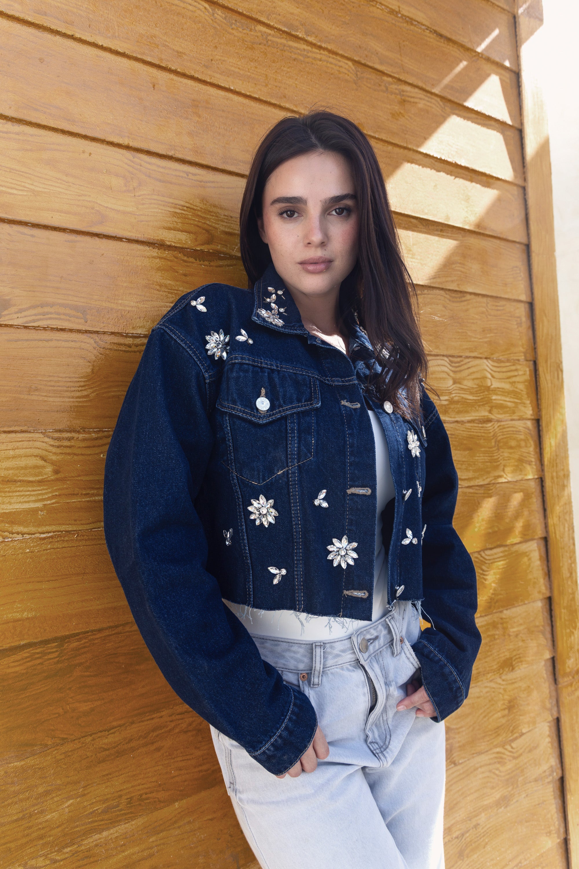 Denim Cropped Diamonds Oversize Jacket