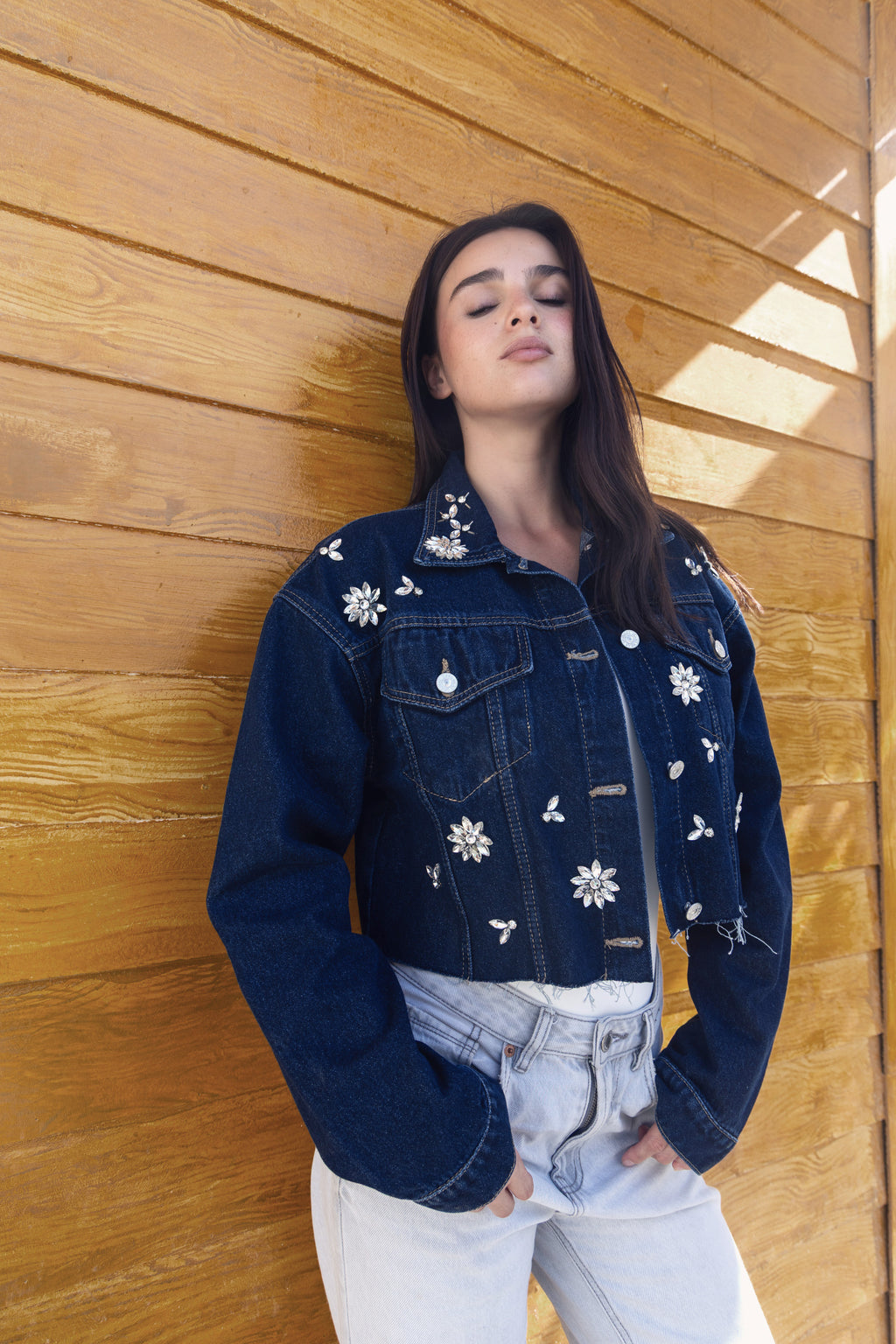 Denim Cropped Diamonds Oversize Jacket