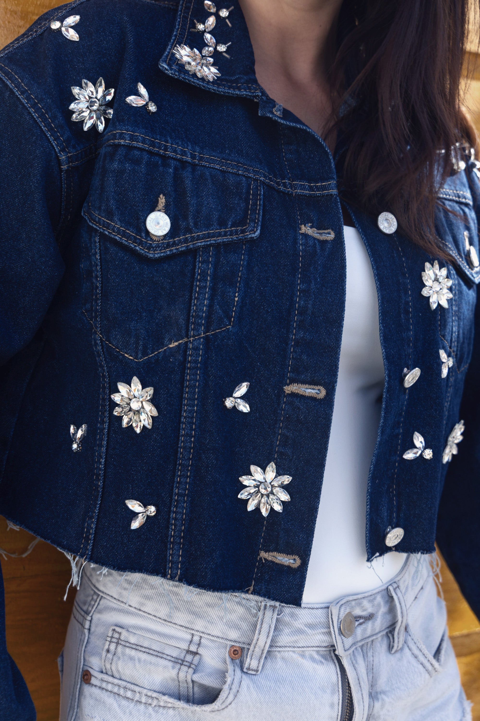 Denim Cropped Diamonds Oversize Jacket