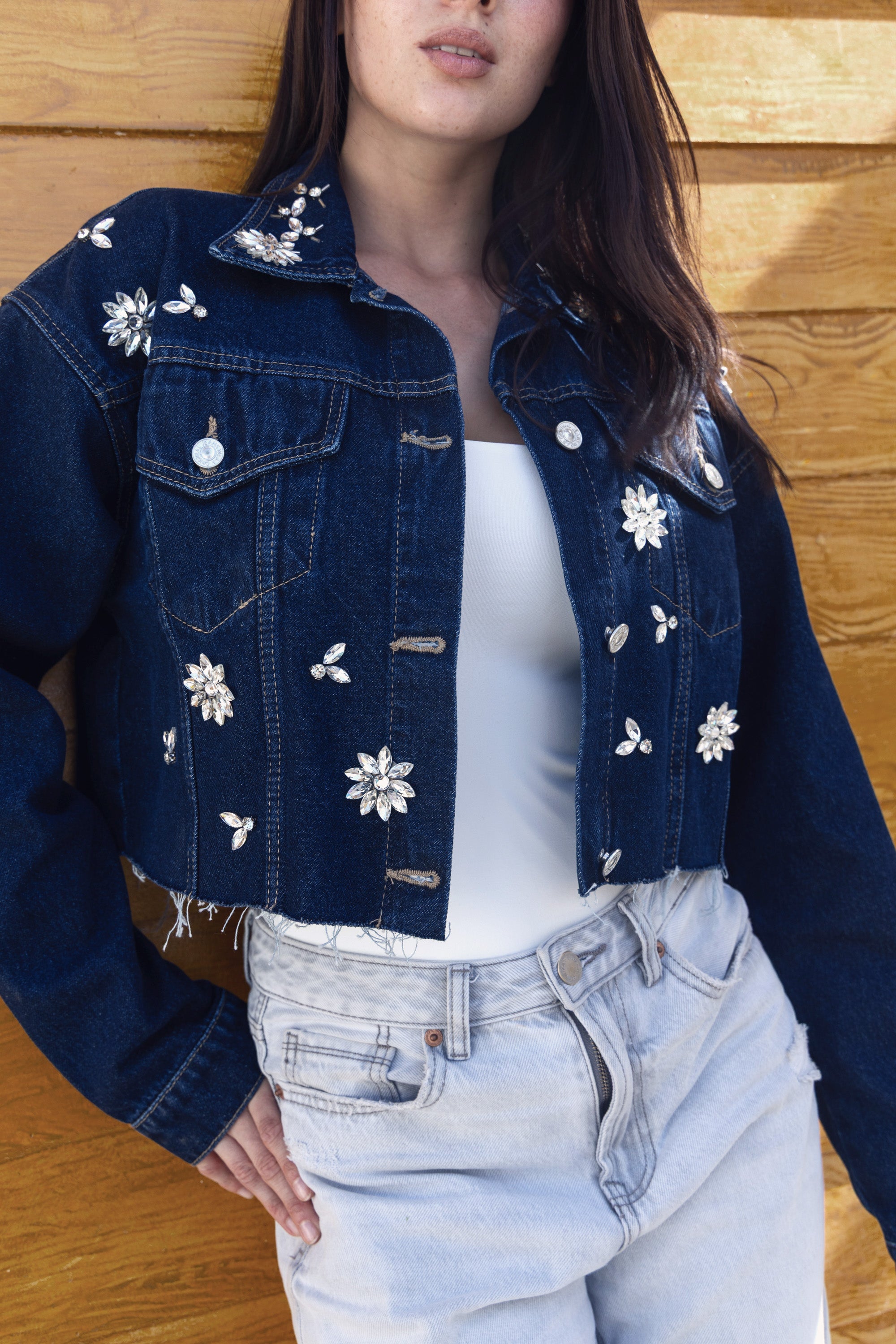 Denim Cropped Diamonds Oversize Jacket