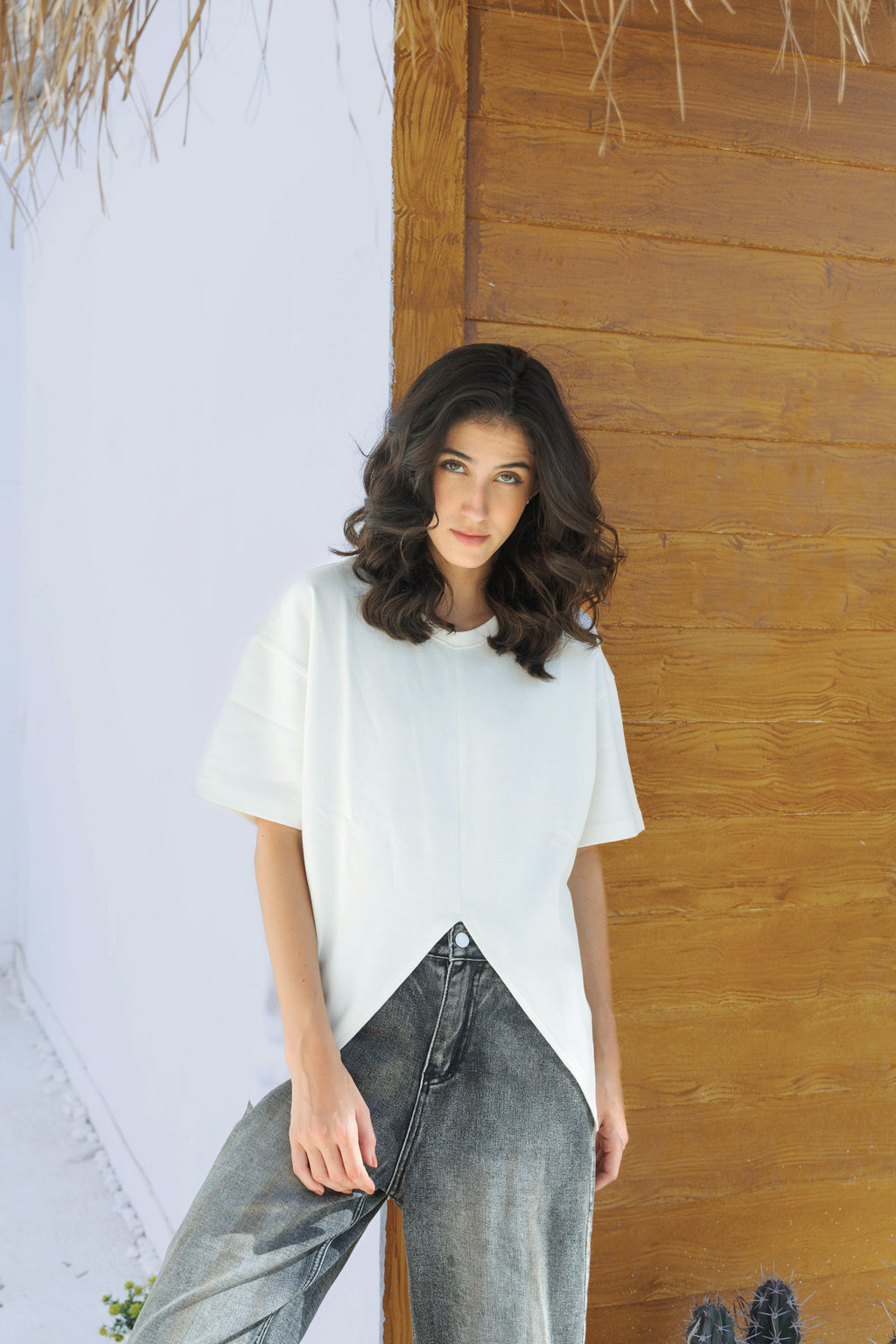 V Cut Oversize Plain T Shirt