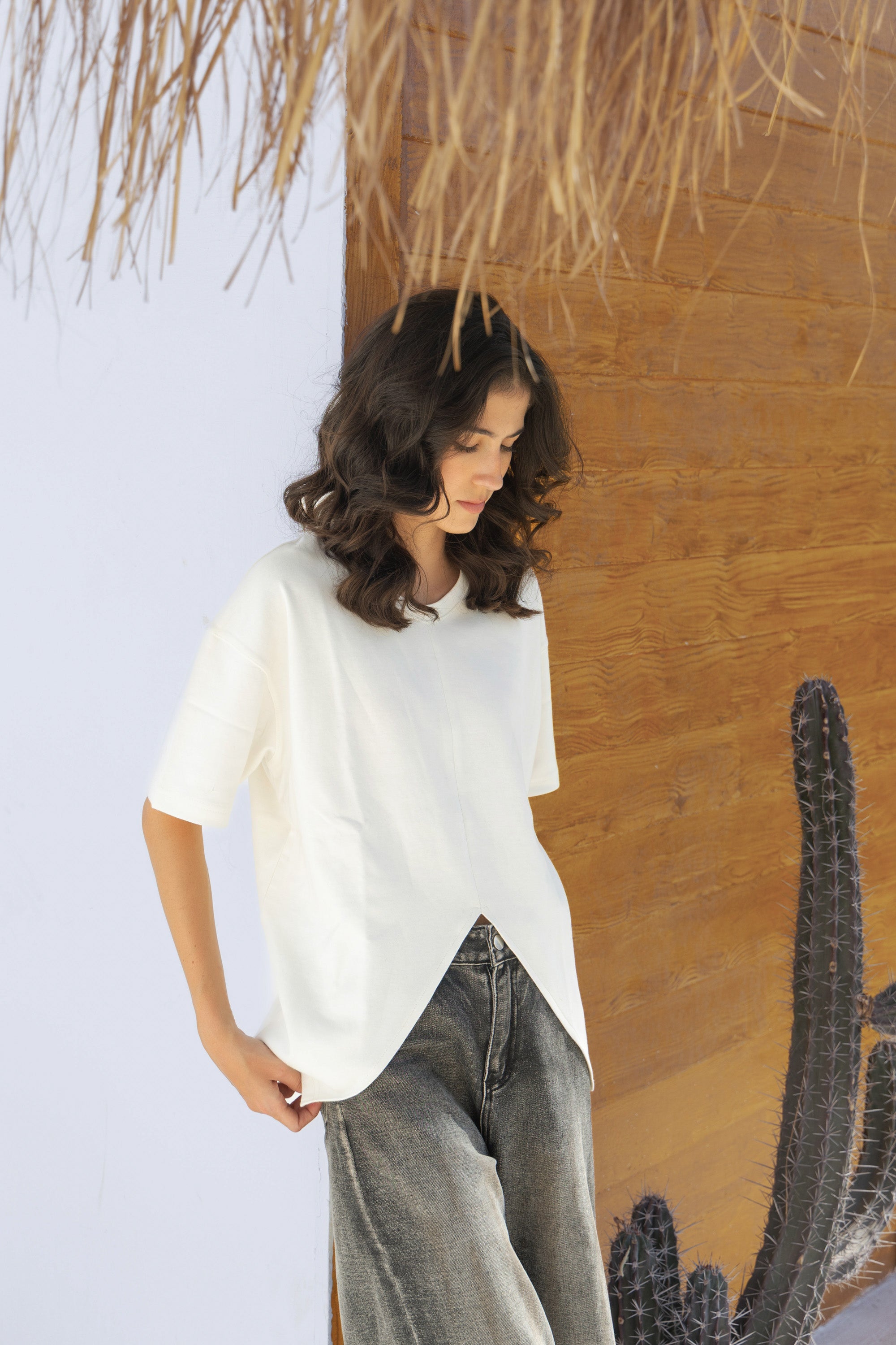 V Cut Oversize Plain T Shirt