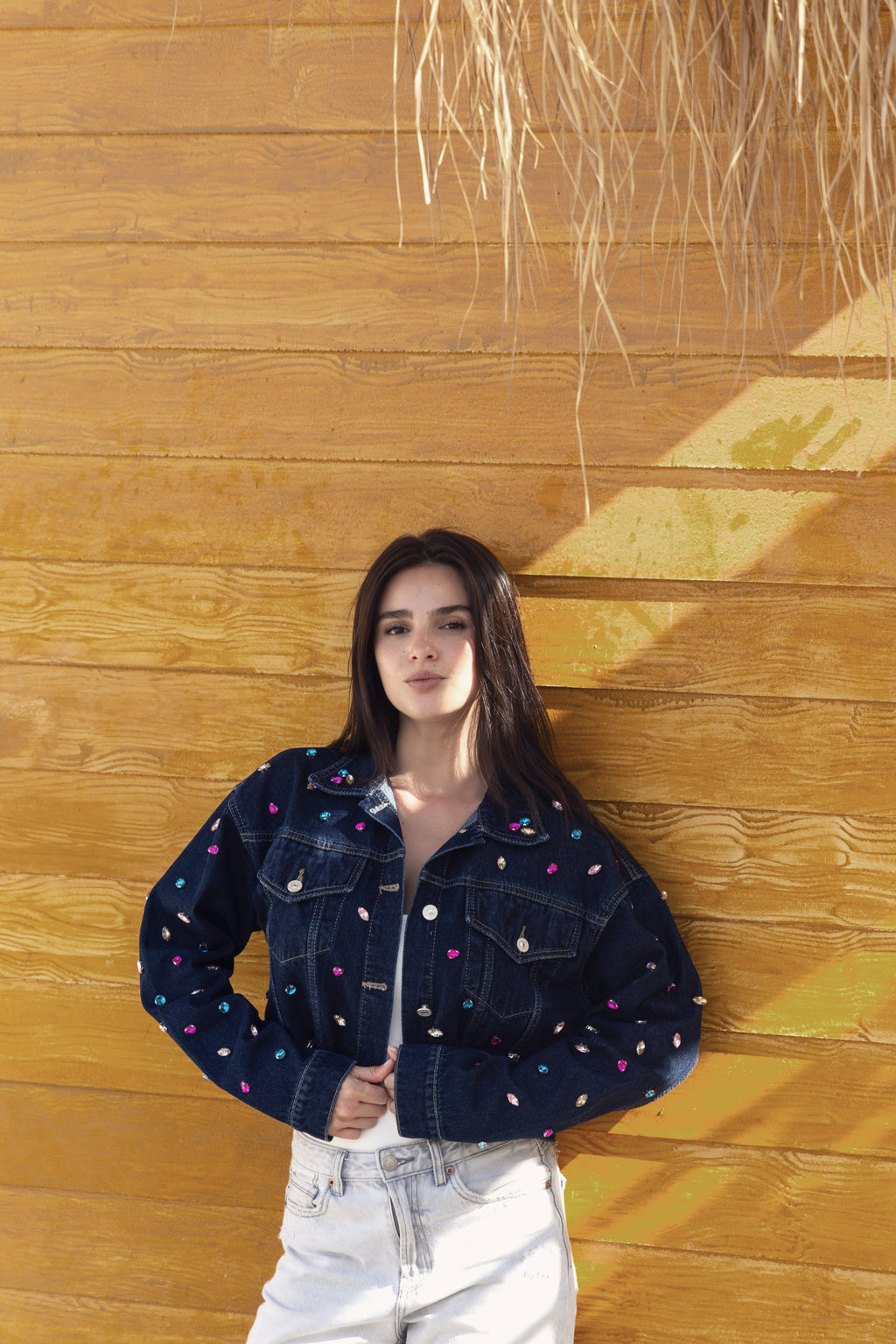 Denim Cropped Colorful Diamonds Oversize Jacket