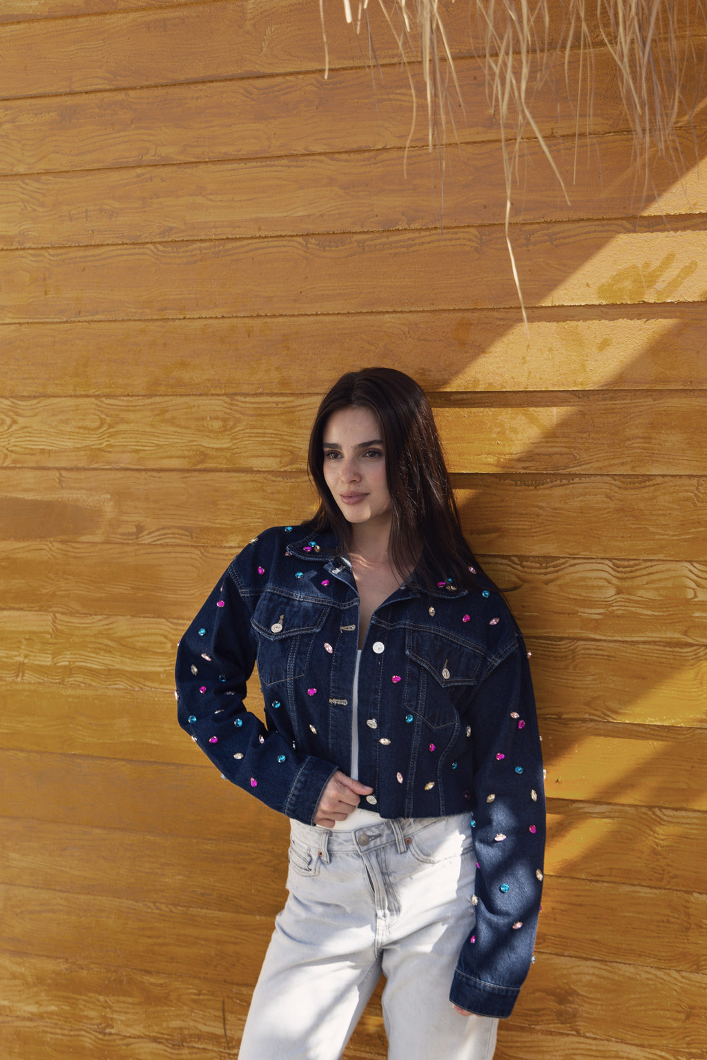 Denim Cropped Colorful Diamonds Oversize Jacket