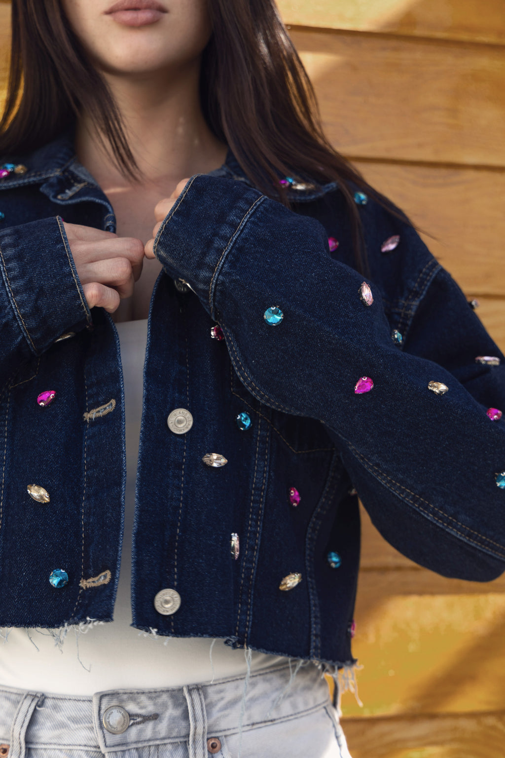 Denim Cropped Colorful Diamonds Oversize Jacket