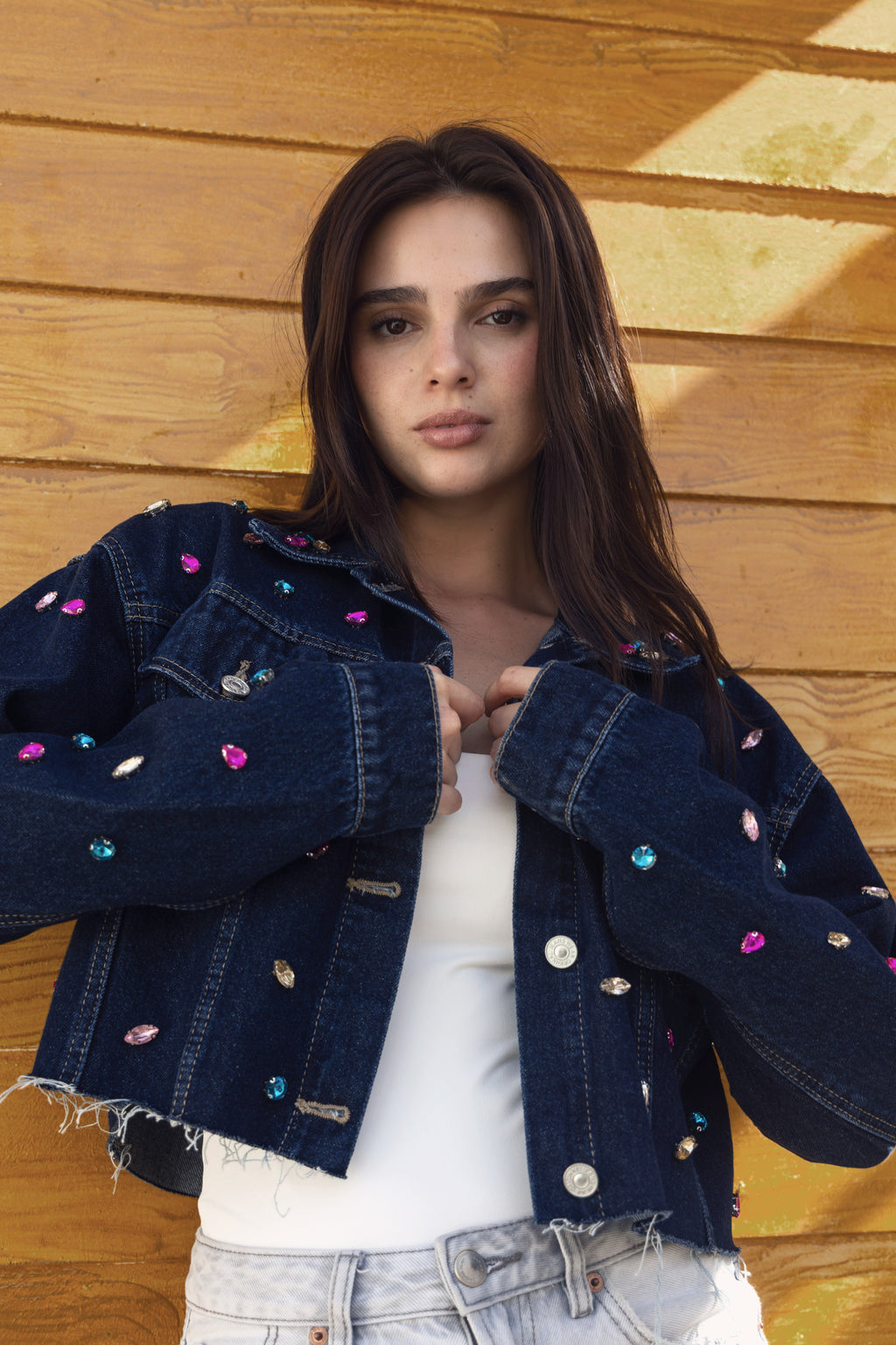 Denim Cropped Colorful Diamonds Oversize Jacket