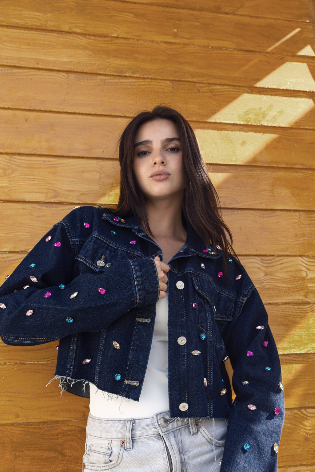 Denim Cropped Colorful Diamonds Oversize Jacket