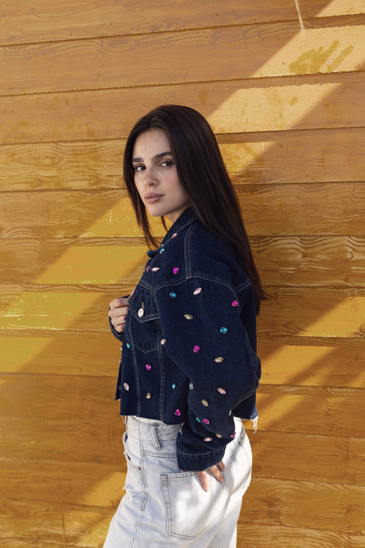 Denim Cropped Colorful Diamonds Oversize Jacket