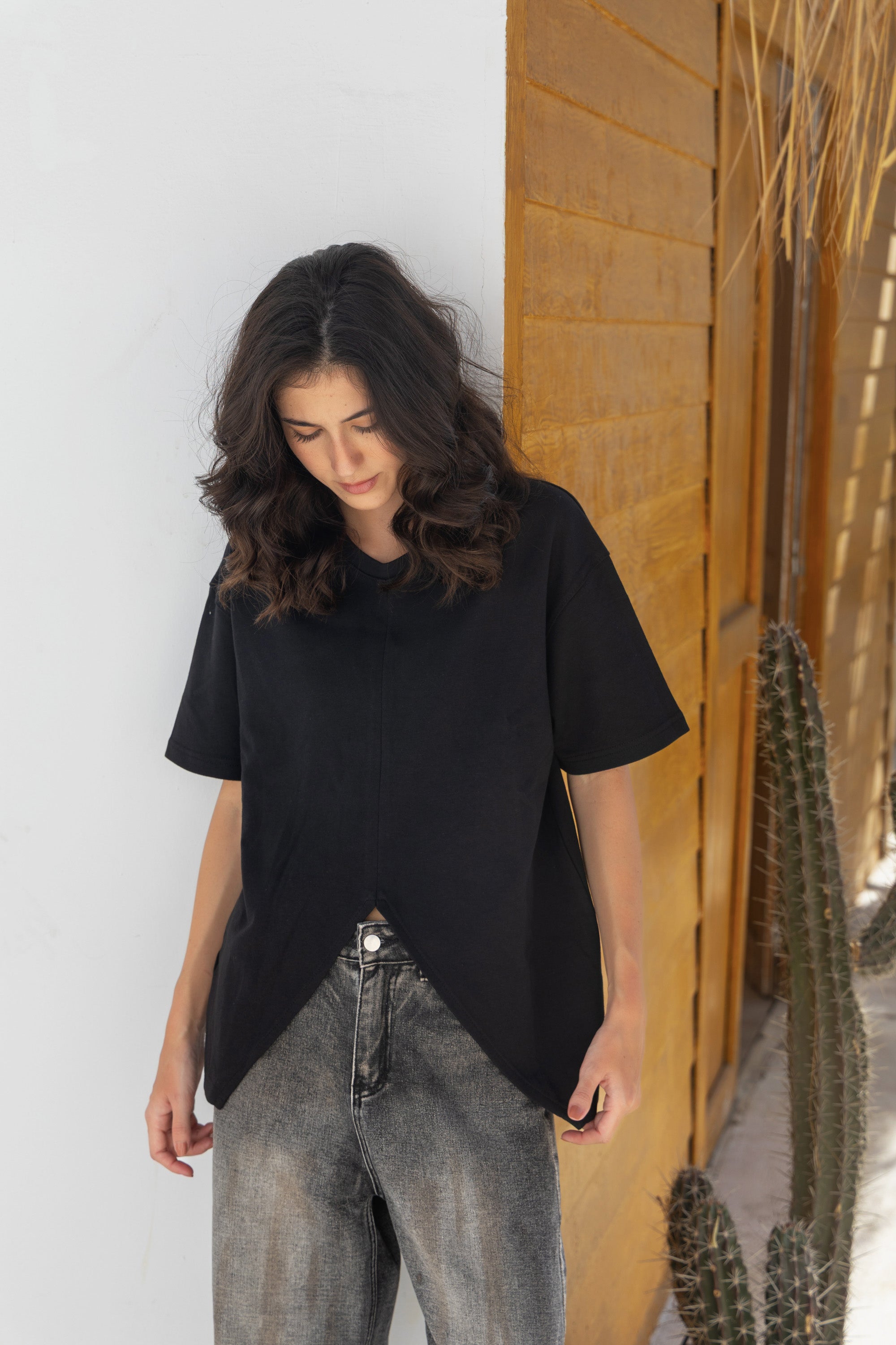 V Cut Oversize Plain T Shirt