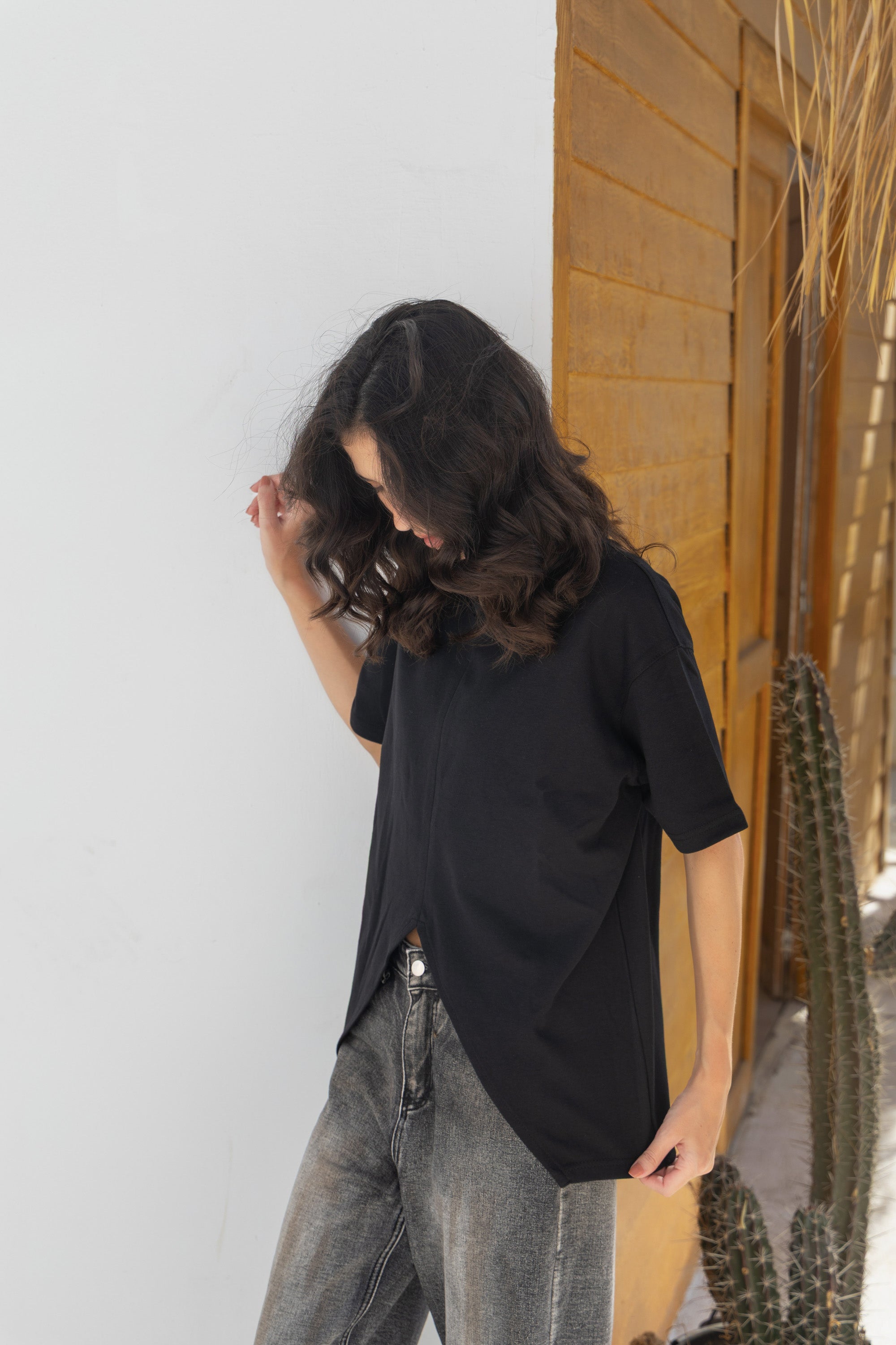 V Cut Oversize Plain T Shirt