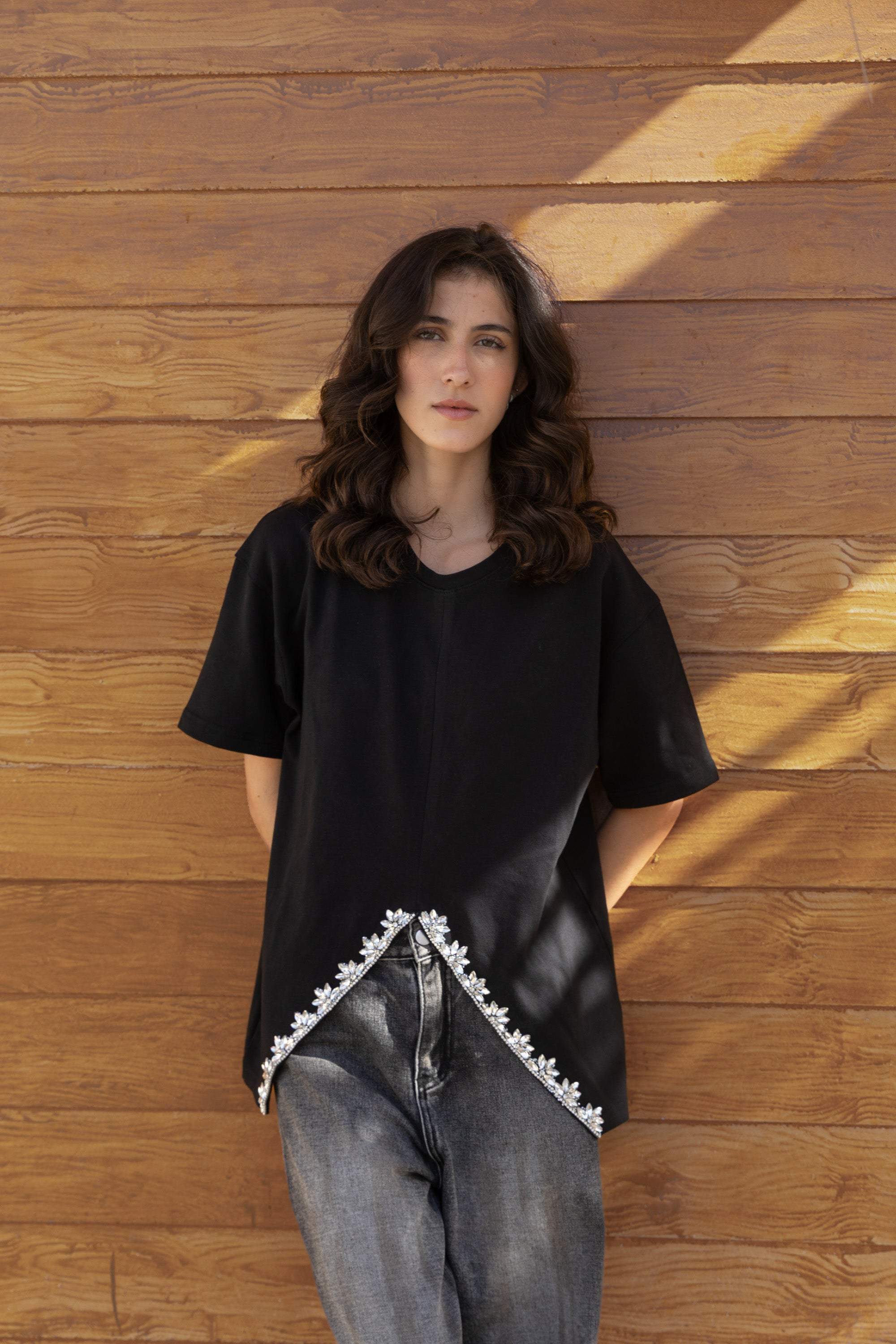 V Cut Oversize Diamonds Black T Shirt