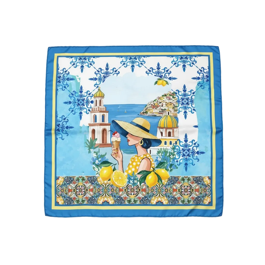 Decorative scarf with a woman, lemons, and architectural elements on a blue background