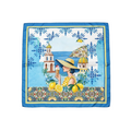 Decorative scarf with a woman, lemons, and architectural elements on a blue background