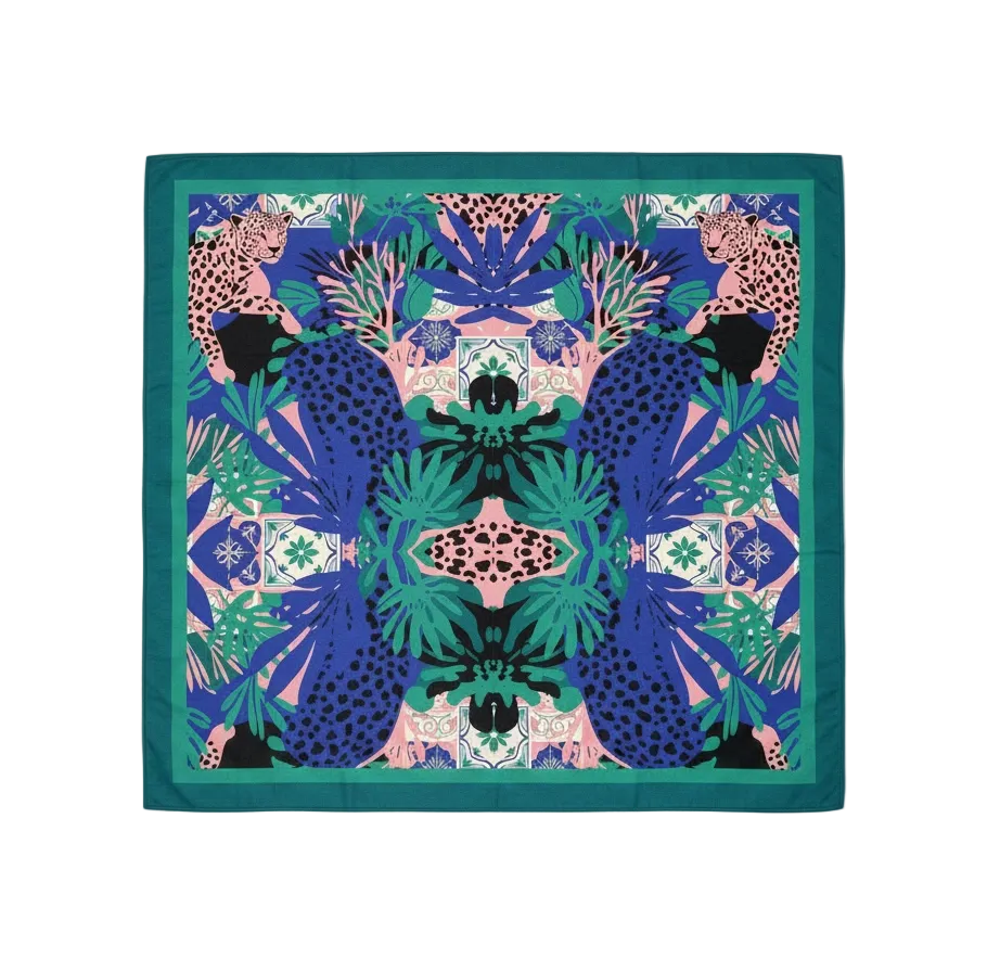 Decorative scarf with a colorful pattern on a gray background