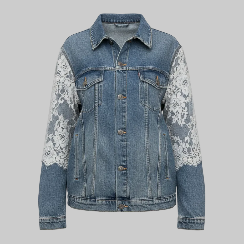 Embroidered Pearl Lace Denim Jacket Oversize