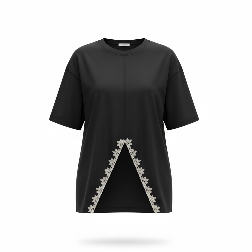 V Cut Oversize Diamonds Black T Shirt