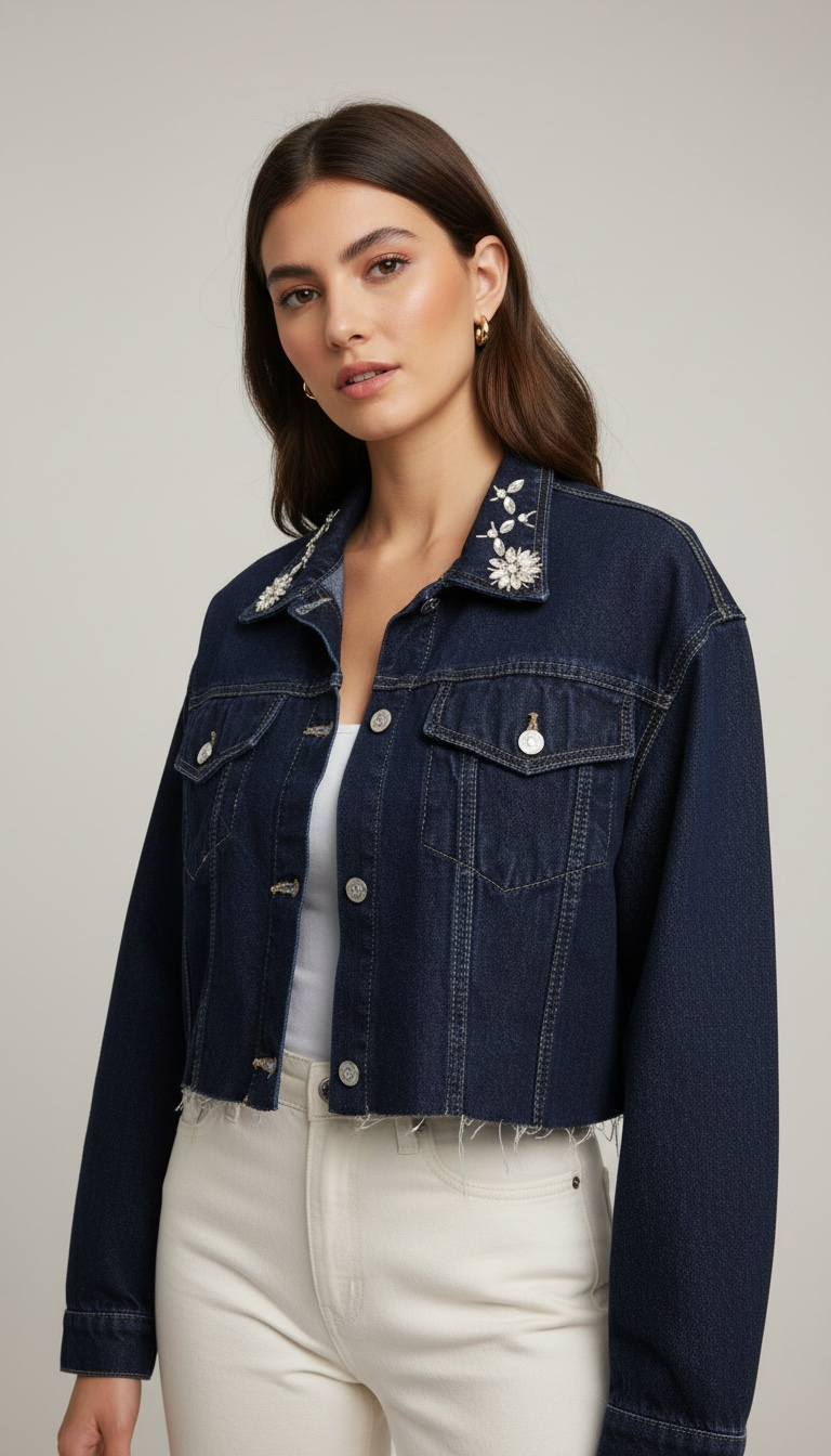 Denim Cropped Diamonds Oversize Jacket