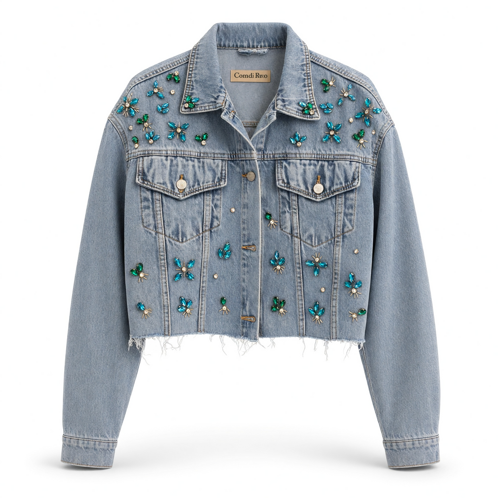 Denim Cropped Blue Diamonds Oversize Jacket