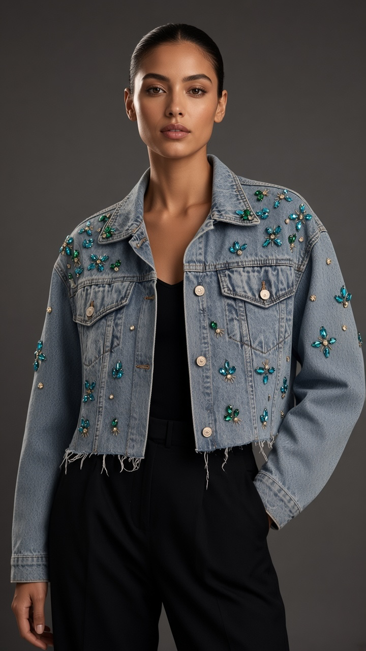 Denim Cropped Blue Diamonds Oversize Jacket