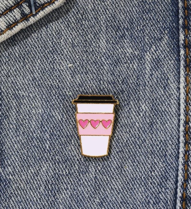 Pink Coffee Cup with Hearts Brooch Enamel Pin