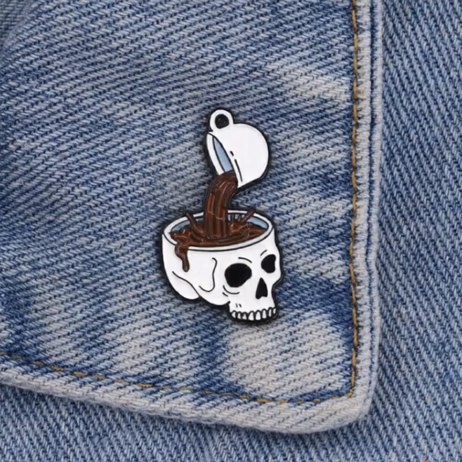 Skull and Pouring Coffee Cup Brooch Enamel Pin