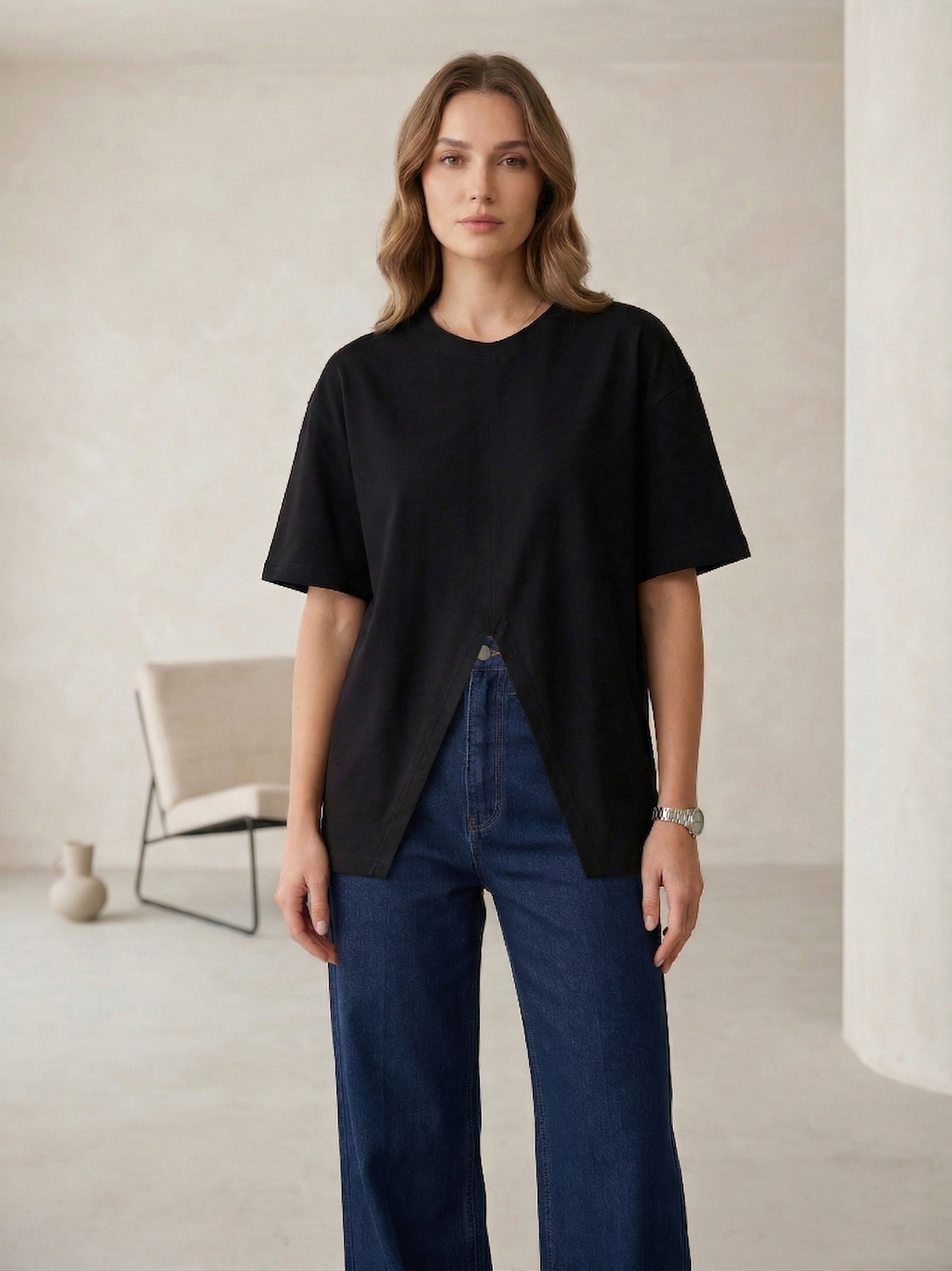 V Cut Oversize Plain T Shirt