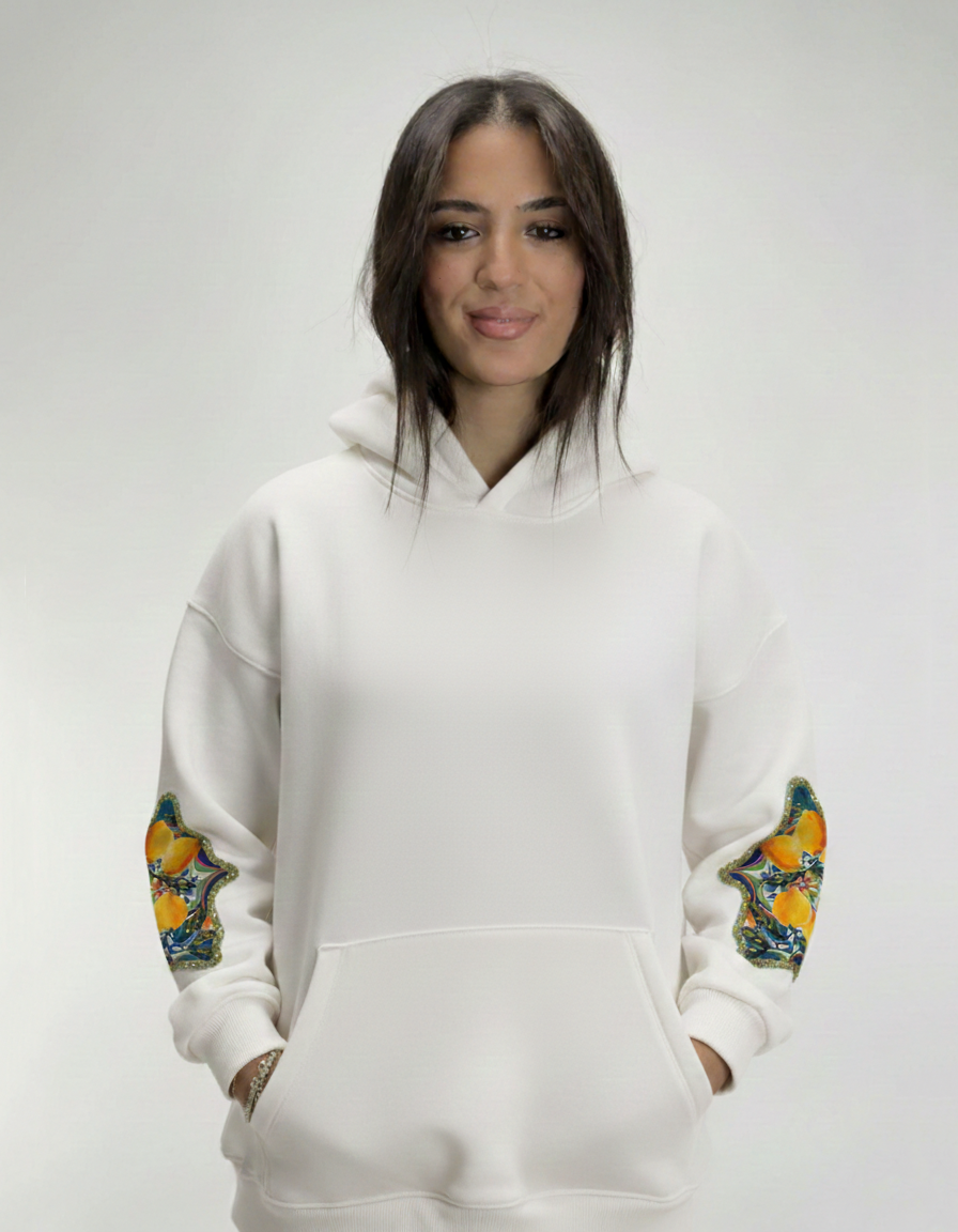 Dolce Lemon Embroidered Arms Oversize White Hoodie