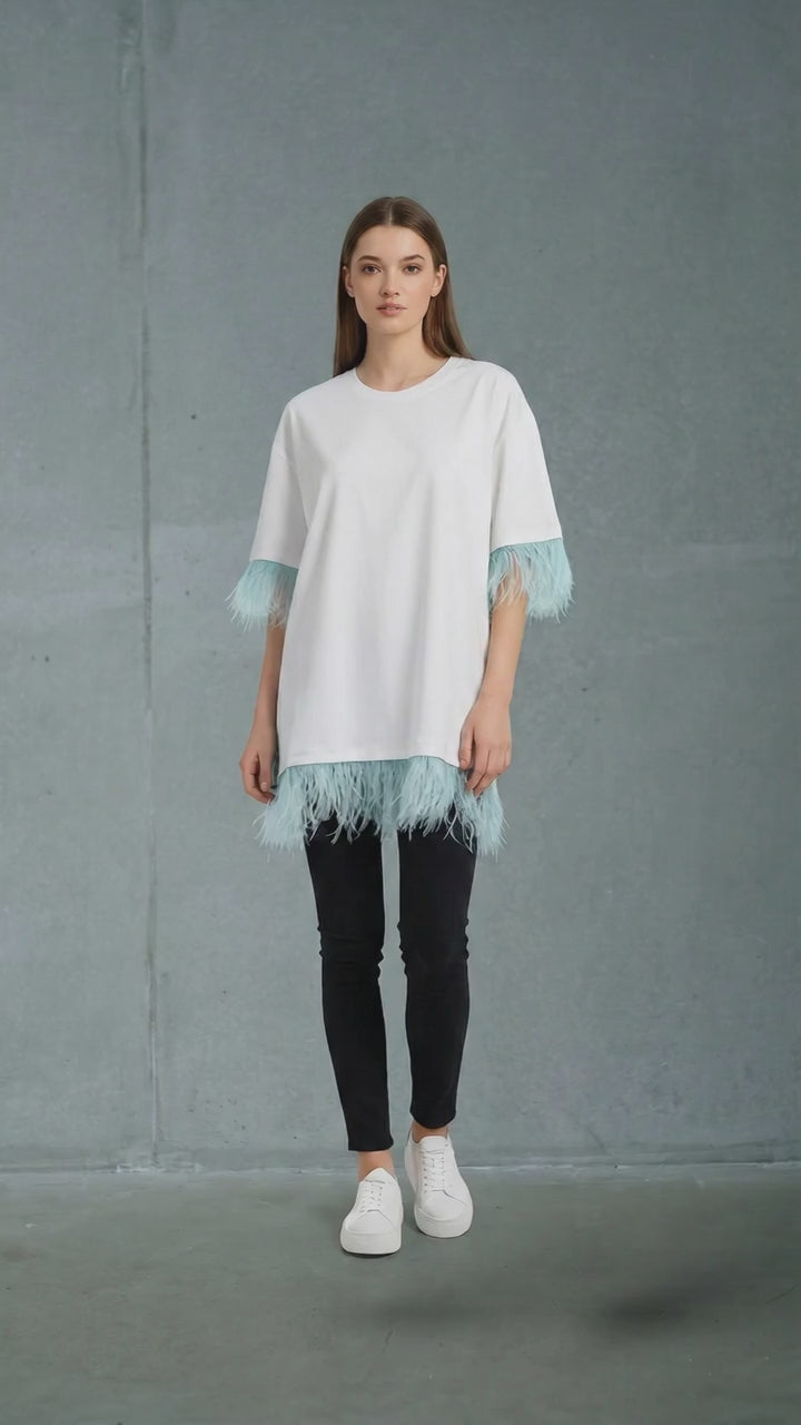 Oversize Off White Feathers T Shirt