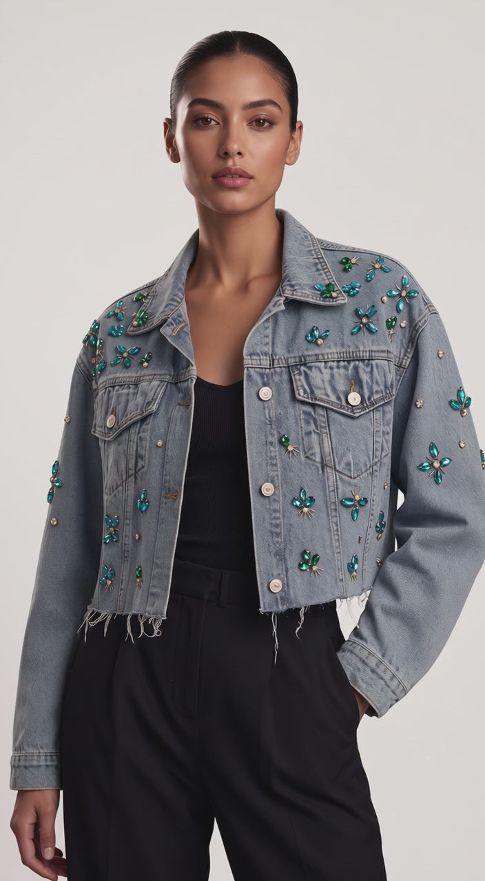 Denim Cropped Blue Diamonds Oversize Jacket