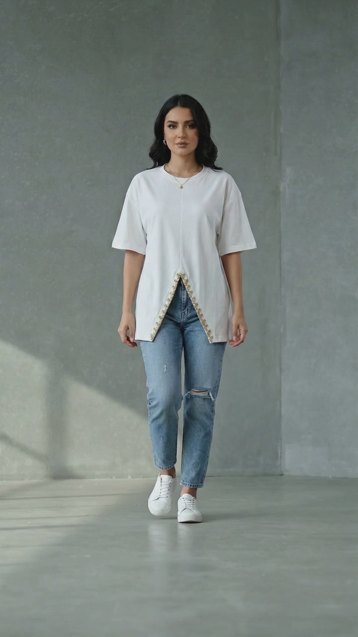 V Cut Oversize Diamonds Off-White T Shirt